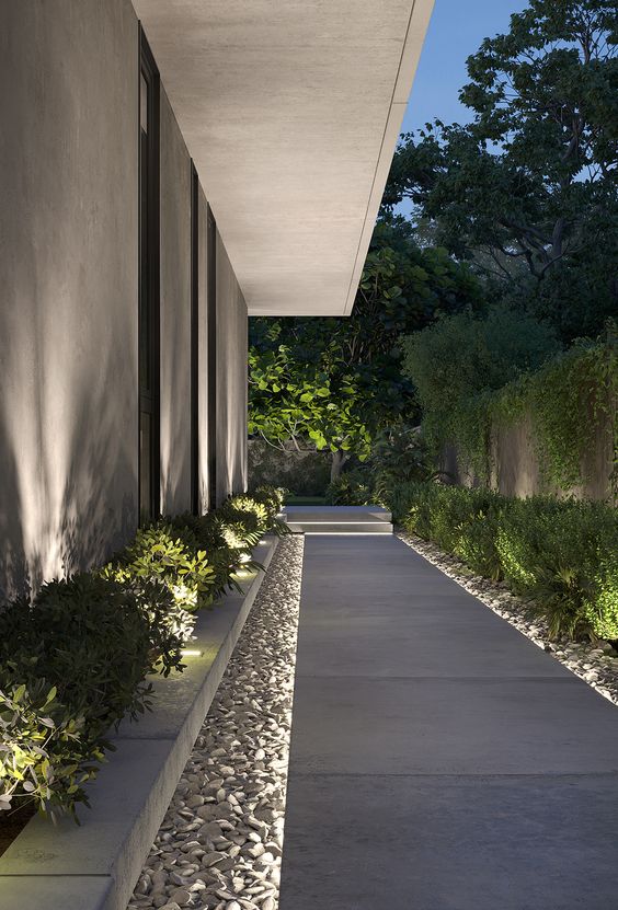 side of house landscaping ideas - Concrete pathway with subtle lighting